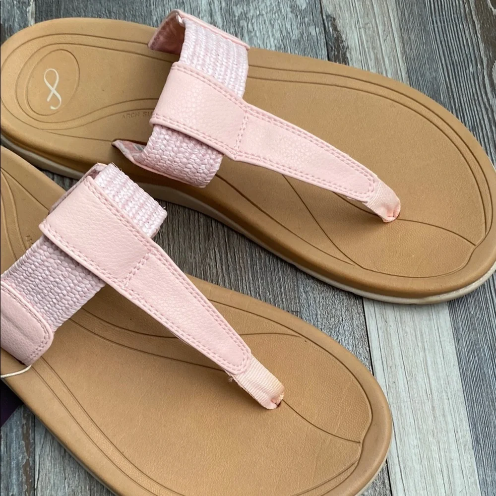 Pink and Tan Flip-Flop Sandals with Quilted T-Strap
